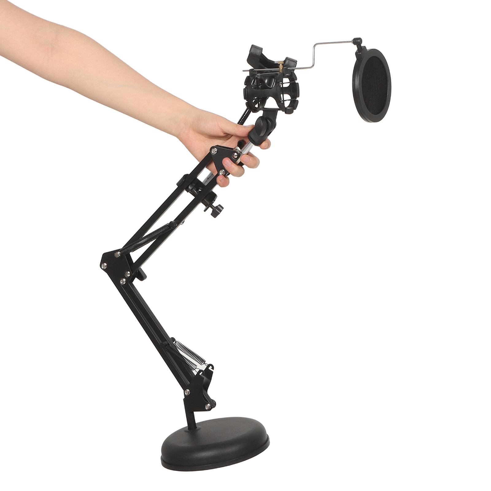 Recording Studio Broadcast Boom Arm - ขาตั้งไมโครโฟนสำหรับสตูดิโอบันทึกเสียง แขนบูมตั้งโต๊ะปรับระดับได้ รองรับอุปกรณ์สองชิ้น คลิปหนีบโทรศัพท์ ป๊อปฟิลเตอร์ สำหรับไลฟ์สด