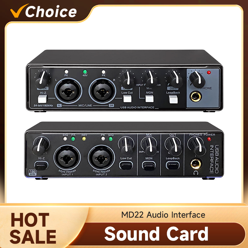 Studio Audio Interface With 48V Phantom - อินเทอร์เฟซเสียง USB ระดับมืออาชีพ MD22 พร้อมพลังงาน Phantom
