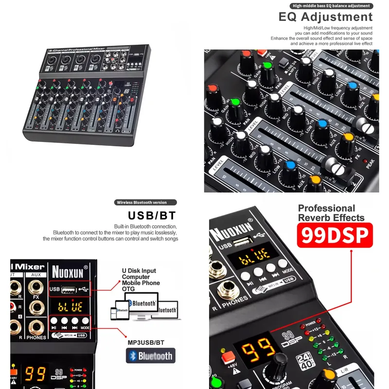 Studio Audio Interface With 48V Phantom - เครื่องผสมเสียง บอร์ดเสียง คอนโซล ระบบอินเทอร์เฟซ 6 ช่องสัญญาณ